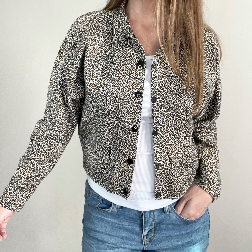 BETTINA RIEDEL New York micro Leopard Print snap front shirt jacket size Small